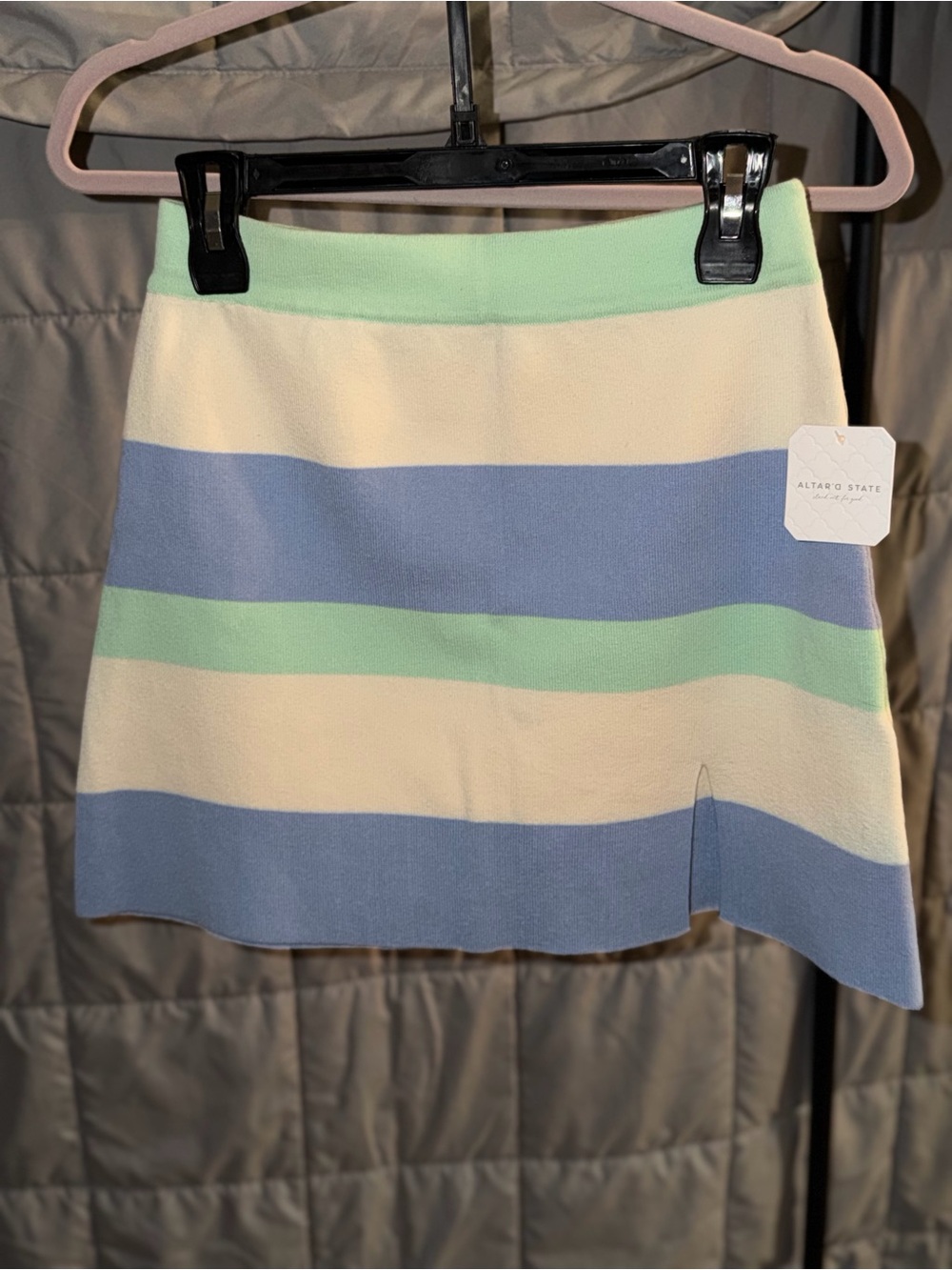 Altar'd State Mint, Cream & Blue Striped Mini Skirt